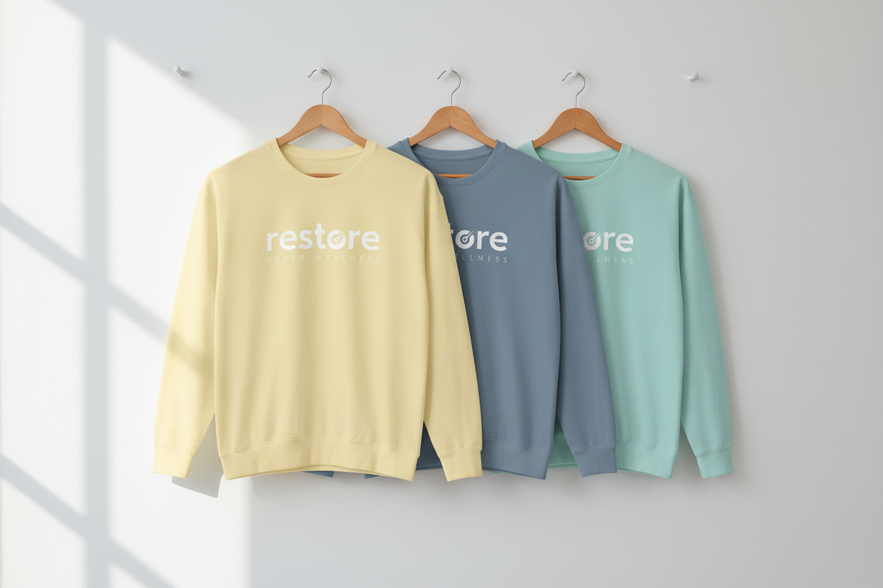 Three Restore crewnecks on tan wooden wall hooks