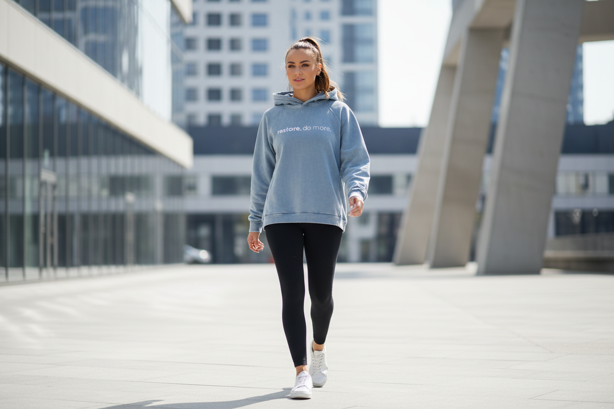 Woman in light blue Restore hoodie urban lifestyle
